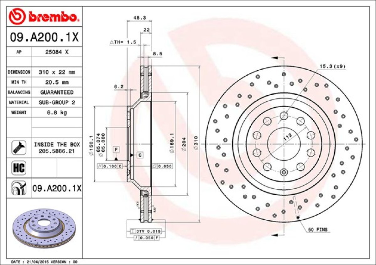 Bremsscheibe Brembo - XTRA gelocht beschichtet 09.A200.1X
